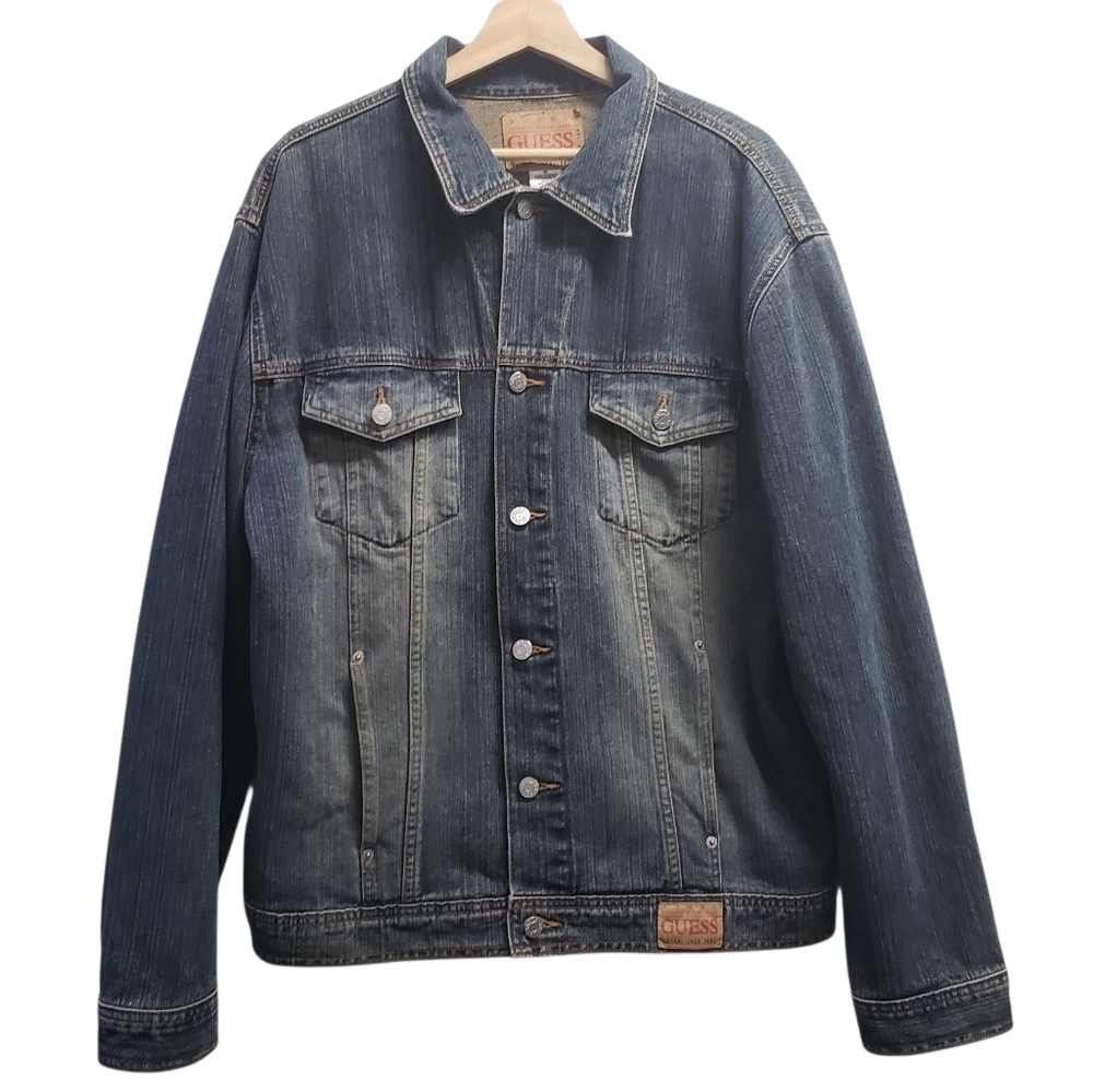 Guess Denim Jacket Mens Blue Jeans Trucker Style Button Up Pockets Size XL